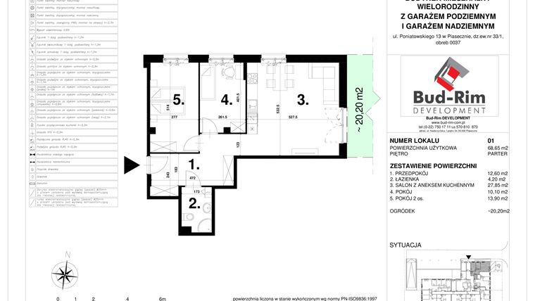Rzut - Mieszkanie na sprzedaż 3 pokoje o powierzchni 68,65 m² - numer 1 w „Józefa” Poniatowskiego