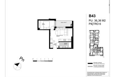 Rzut - Mieszkanie na sprzedaż 2 pokoje o powierzchni 36,08 m² - numer B43 w Apartamenty Kopernika - etap II