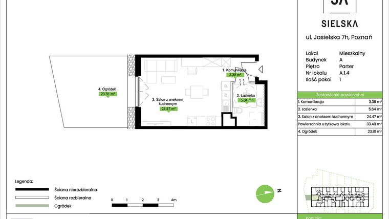 Rzut - Mieszkanie na sprzedaż 1 pokój o powierzchni 33,49 m² - numer A.1.4 w JA_SIELSKA V