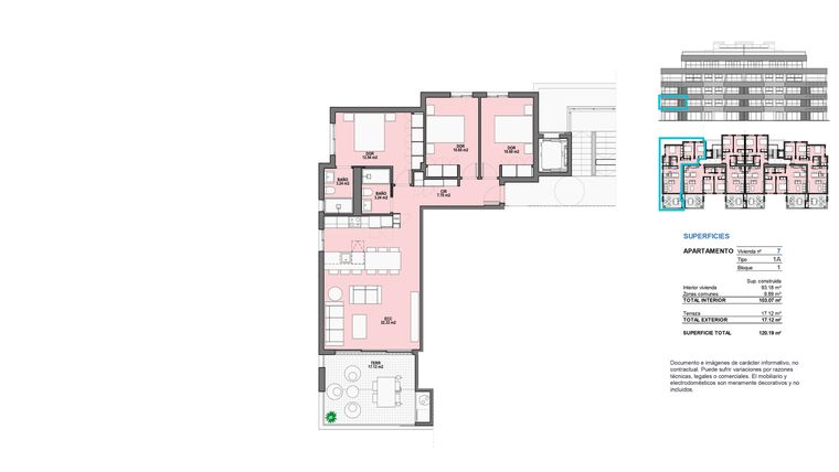 Rzut - Mieszkanie na sprzedaż 3 pokoje o powierzchni 93,18 m² - numer 1-A w Mieszkania w Torre-Pacheco - 81297711