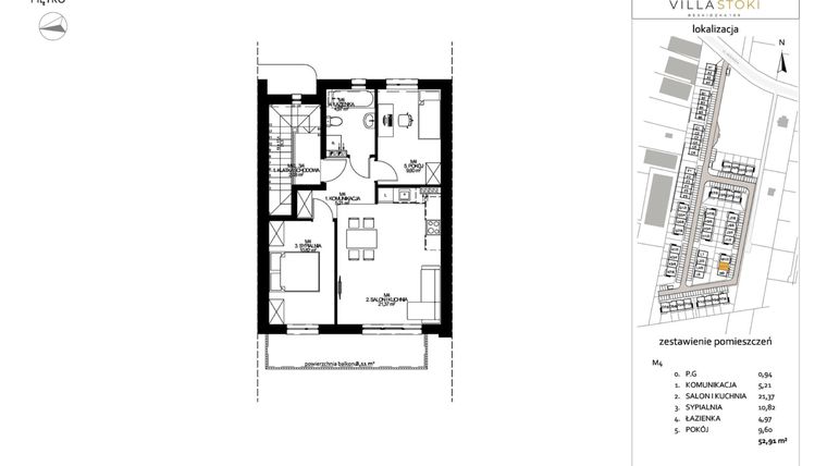 Rzut - Mieszkanie na sprzedaż 3 pokoje o powierzchni 52,91 m² - numer M4 w Villa Stoki (mieszkania)