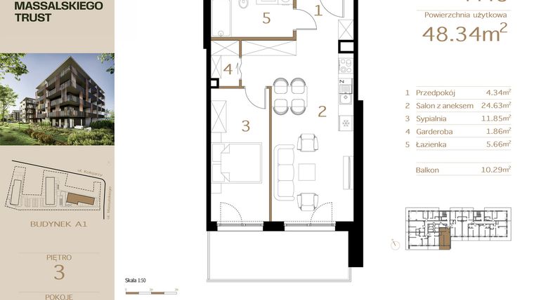 Rzut - Mieszkanie na sprzedaż 2 pokoje o powierzchni 48,34 m² - numer M48 w Massalskiego Trust