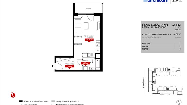 Rzut - Mieszkanie na sprzedaż 1 pokój o powierzchni 34,32 m² - numer L2.142 w Wieża Jeżyce etap VI