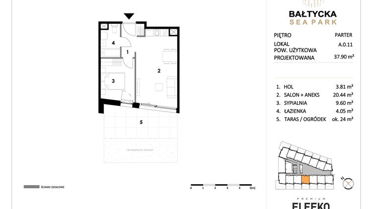 Rzut - Mieszkanie na sprzedaż 2 pokoje o powierzchni 37,9 m² - numer A.0.11 w Bałtycka Sea Park