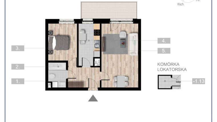 Rzut - Mieszkanie na sprzedaż 2 pokoje o powierzchni 51,45 m² - numer 64 w Szczytno Dąbrowskiego - etap 2
