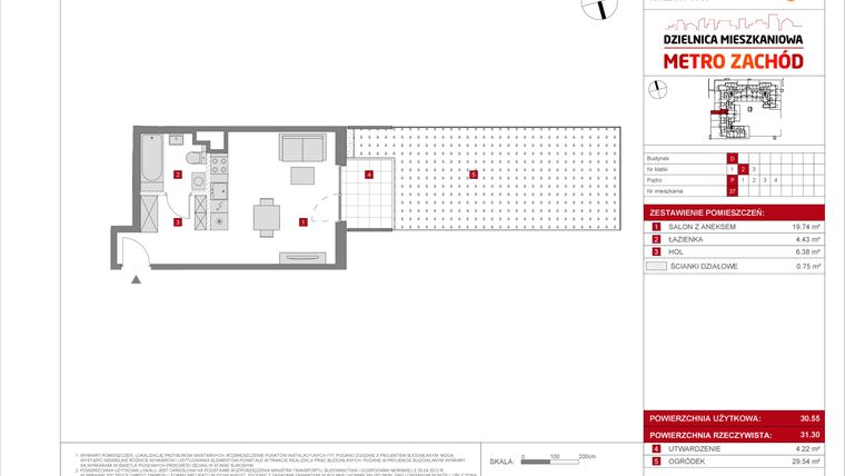 Rzut - Mieszkanie na sprzedaż 1 pokój o powierzchni 30,55 m² - numer D.37 w Dzielnica Mieszkaniowa Metro Zachód - etap 8.2