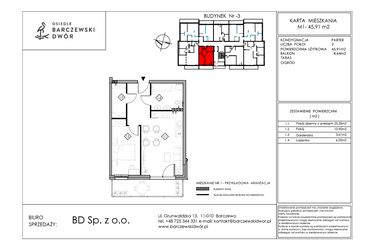 Rzut - Mieszkanie na sprzedaż 2 pokoje o powierzchni 45,91 m² - numer M1 w Osiedle Barczewski Dwór etap III