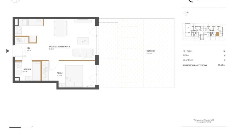 Rzut - Mieszkanie na sprzedaż 2 pokoje o powierzchni 39,3 m² - numer M.38 w Popularna 35