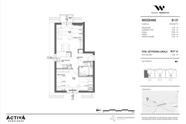 Rzut - Mieszkanie na sprzedaż 2 pokoje o powierzchni 48,37 m² - numer B1.07 w Tarasy Wierzycy