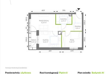 Rzut - Mieszkanie na sprzedaż 2 pokoje o powierzchni 53,54 m² - numer A1/00/04 w WUWA Vita