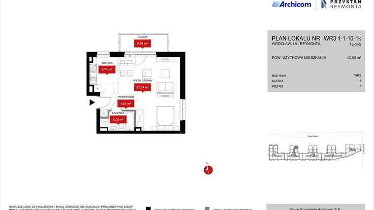 Rzut - Mieszkanie na sprzedaż 1 pokój o powierzchni 42,89 m² - numer WR3 1/1/10/1k w Przystań Reymonta etap II