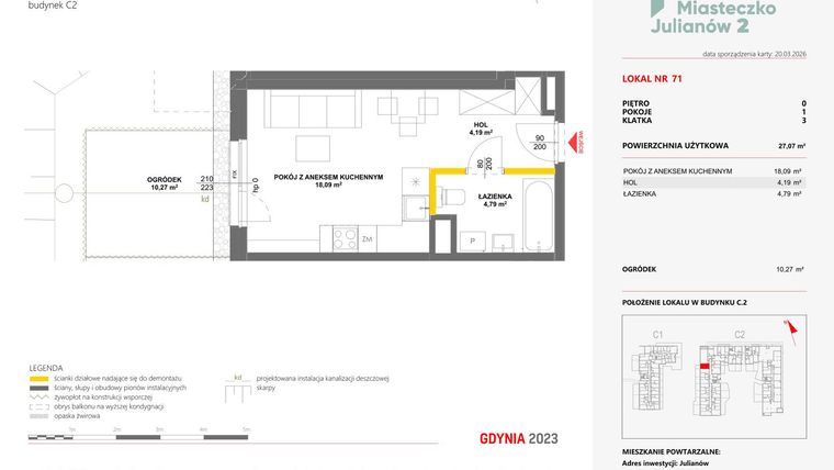 Rzut - Mieszkanie na sprzedaż 1 pokój o powierzchni 27,07 m² - numer 71 w Miasteczko Julianów etap 2