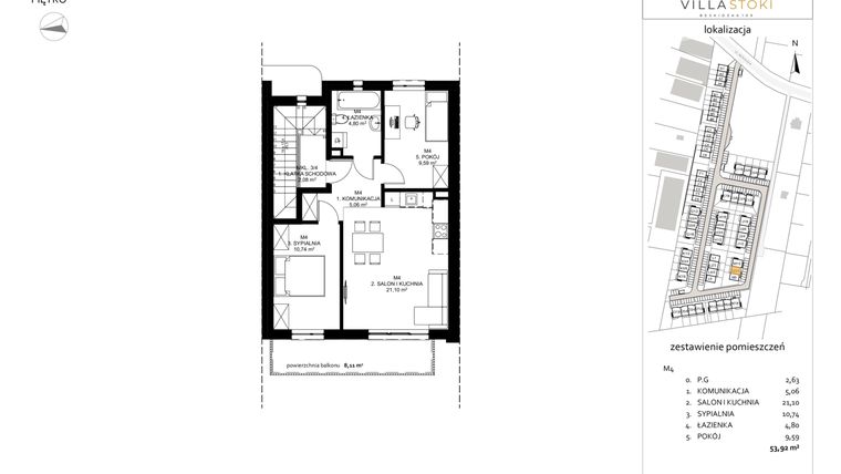 Rzut - Mieszkanie na sprzedaż 3 pokoje o powierzchni 53,92 m² - numer M4 w Villa Stoki (mieszkania)