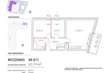 Rzut - Mieszkanie na sprzedaż 3 pokoje o powierzchni 61,74 m² - numer D71 w Osiedle Impresja 2