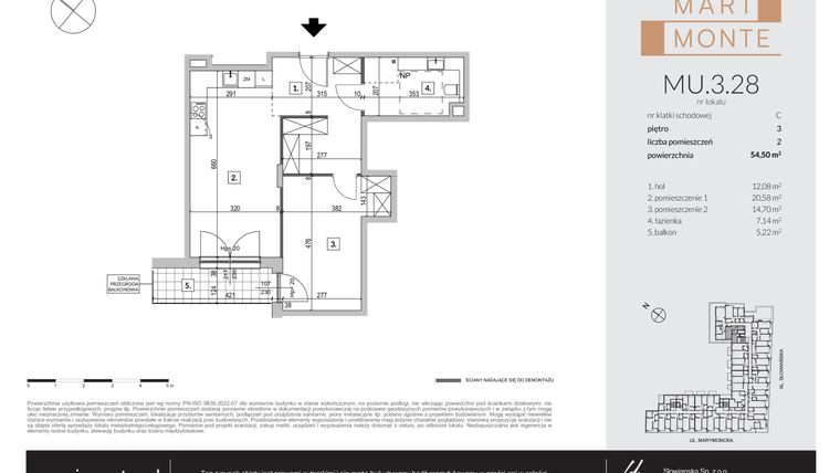 Rzut - Mieszkanie na sprzedaż 2 pokoje o powierzchni 54,5 m² - numer MU.3.28 w Marimonte - apartamenty inwestycyjne