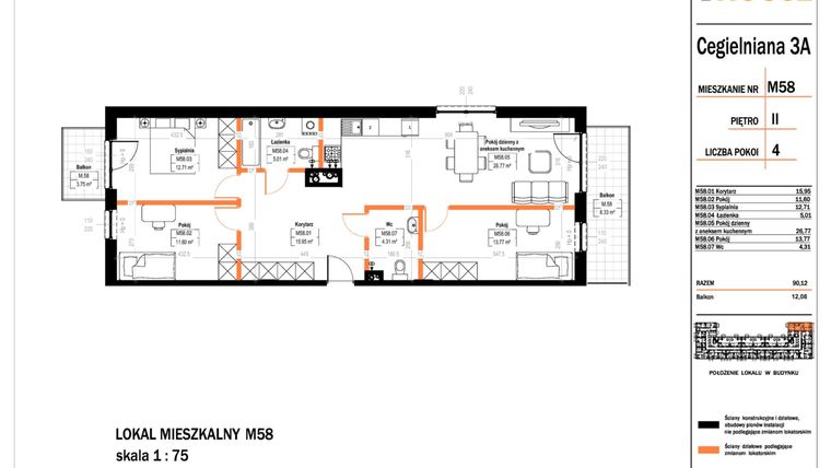 Rzut - Mieszkanie na sprzedaż 4 pokoje o powierzchni 90,12 m² - numer 58 w Osiedle StaLove etap II