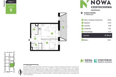 Rzut - Mieszkanie na sprzedaż 2 pokoje o powierzchni 47,99 m² - numer B9 w Nowa Częstochowa Małopolska