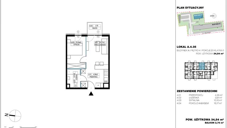 Rzut - Mieszkanie na sprzedaż 2 pokoje o powierzchni 34,71 m² - numer A.4.35 w Jabłonova