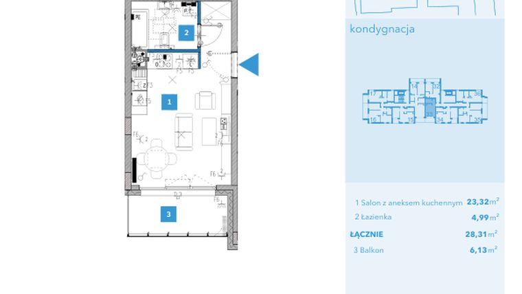 Rzut - Mieszkanie na sprzedaż 1 pokój o powierzchni 28,31 m² - numer 33 w Apartamenty Macadamia