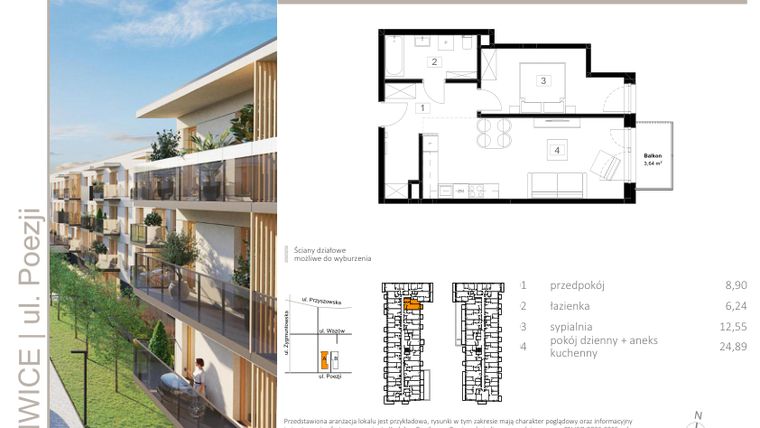 Rzut - Mieszkanie na sprzedaż 2 pokoje o powierzchni 52,58 m² - numer A.22 w Poezji