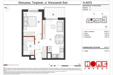 Rzut - Mieszkanie na sprzedaż 2 pokoje o powierzchni 39,86 m² - numer A-A072 w Warszawski Świt etap VII