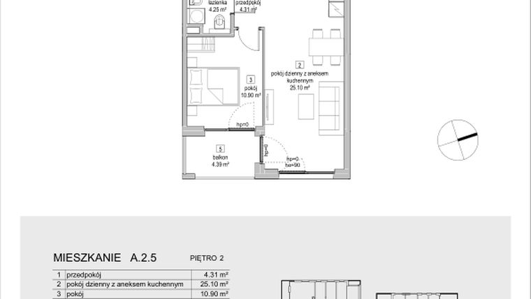 Rzut - Mieszkanie na sprzedaż 2 pokoje o powierzchni 44,56 m² - numer A.2.5 w ATAL Symbioza IA