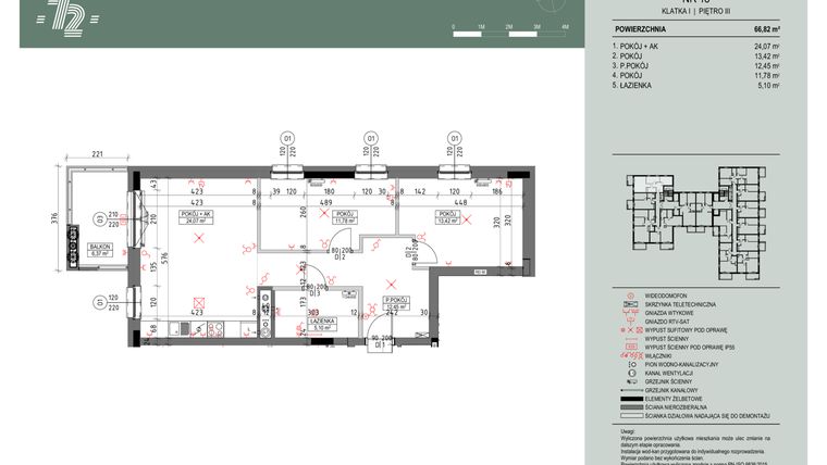 Rzut - Mieszkanie na sprzedaż 3 pokoje o powierzchni 66,87 m² - numer 18 w Wspólnota Mieszkaniowa Gajowa 72