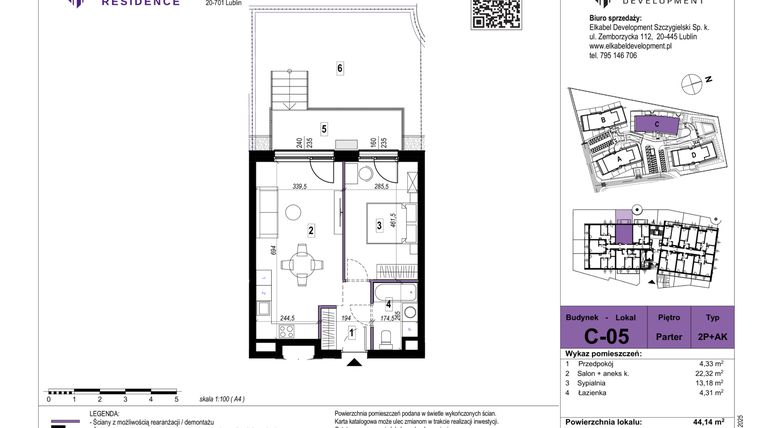 Rzut - Mieszkanie na sprzedaż 2 pokoje o powierzchni 44,14 m² - numer C-05 w Szerokie Residence