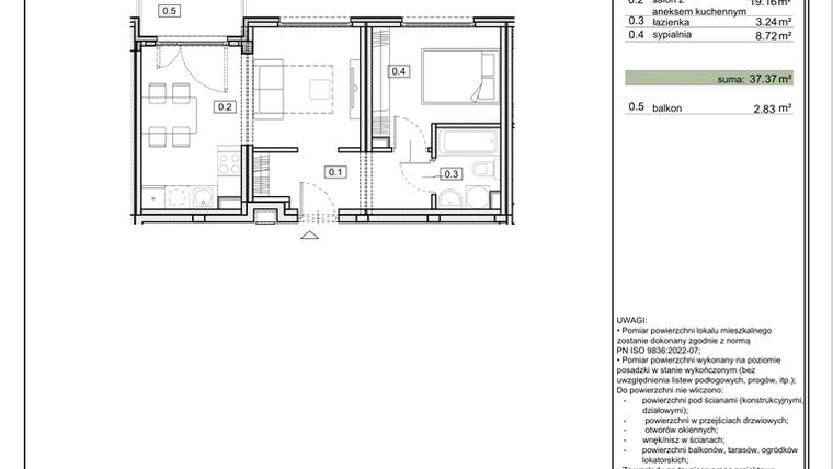 Rzut - Mieszkanie na sprzedaż 2 pokoje o powierzchni 37,37 m² - numer ZL-1.4 w Zielony Lewandów