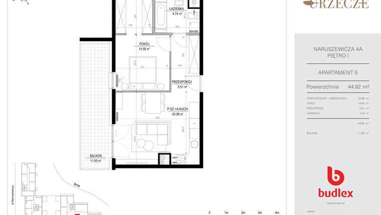 Rzut - Mieszkanie na sprzedaż 2 pokoje o powierzchni 44,92 m² - numer 4A.5 w Urzecze