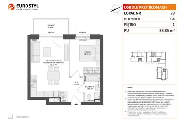 Rzut - Mieszkanie na sprzedaż 2 pokoje o powierzchni 38,85 m² - numer B4.29 w Osiedle Przy Błoniach 3 etap III
