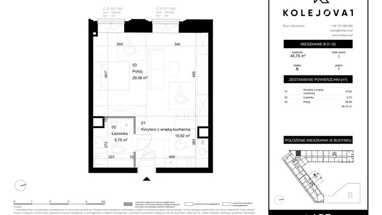Rzut - Mieszkanie na sprzedaż 2 pokoje o powierzchni 45,75 m² - numer B-01-02 w Kolejova 1