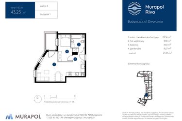 Rzut - Mieszkanie na sprzedaż 1 pokój o powierzchni 43,25 m² - numer 1.B.3.10 w Murapol Rivo