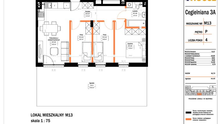 Rzut - Mieszkanie na sprzedaż 4 pokoje o powierzchni 61,72 m² - numer 13 w Osiedle StaLove etap II