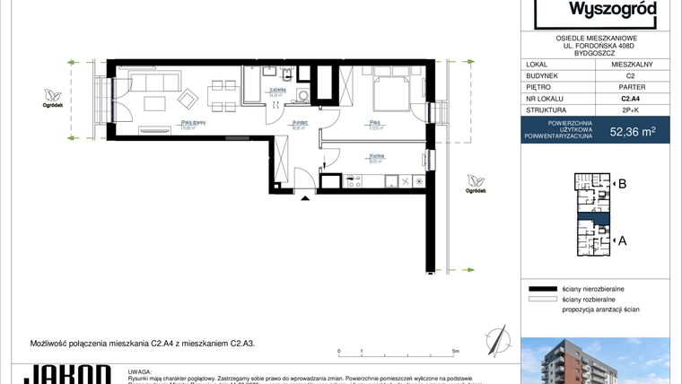 Rzut - Mieszkanie na sprzedaż 2 pokoje o powierzchni 52,36 m² - numer C2.A4 w Nowy Wyszogród etap II