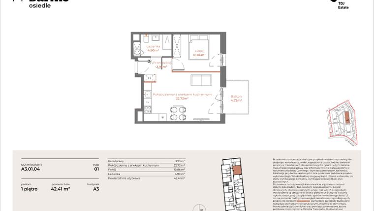 Rzut - Mieszkanie na sprzedaż 2 pokoje o powierzchni 42,41 m² - numer A3-01.04 w Sarnie Osiedle