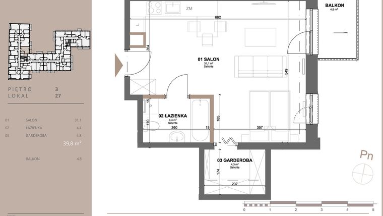 Rzut - Mieszkanie na sprzedaż 1 pokój o powierzchni 39,72 m² - numer 27 w BETWEEN