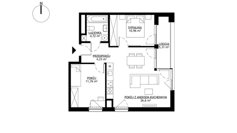 Rzut - Mieszkanie na sprzedaż 3 pokoje o powierzchni 58,27 m² - numer M115 w KrakoVska etap 2