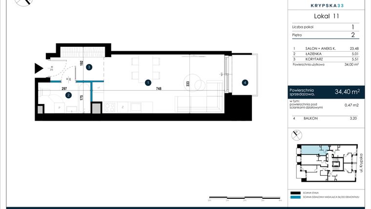 Rzut - Mieszkanie na sprzedaż 1 pokój o powierzchni 34,4 m² - numer M11 w Krypska 33