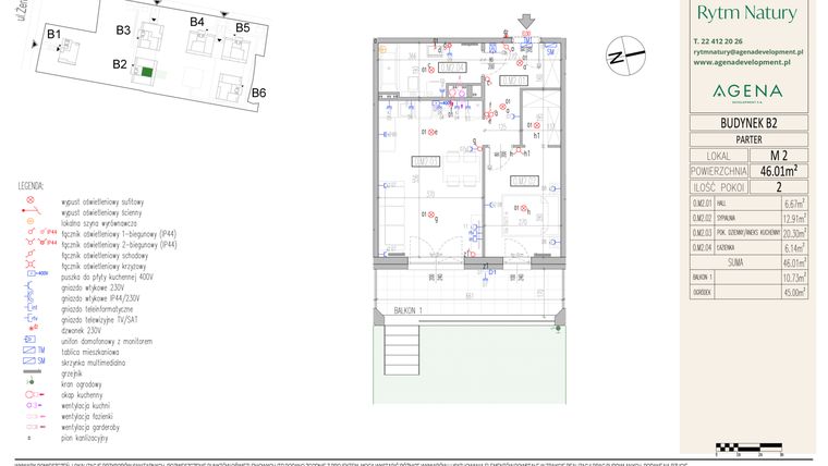 Rzut - Mieszkanie na sprzedaż 2 pokoje o powierzchni 46,01 m² - numer B2M2 w Rytm Natury