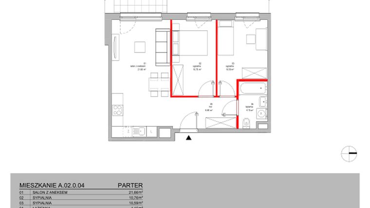 Rzut - Mieszkanie na sprzedaż 3 pokoje o powierzchni 53,84 m² - numer A.02.0.04 w Warszawska 58A