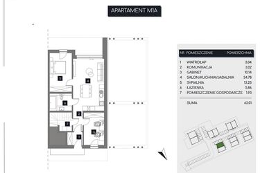 Rzut - Mieszkanie na sprzedaż 3 pokoje o powierzchni 63,02 m² - numer M1A w Rudava Park