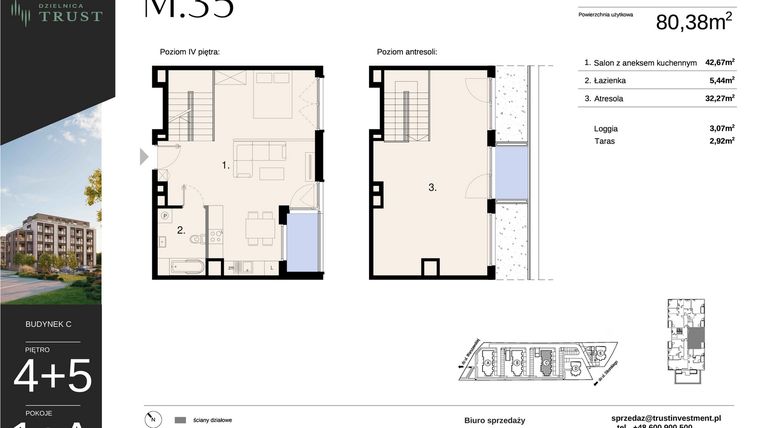 Rzut - Mieszkanie na sprzedaż 1 pokój o powierzchni 80,38 m² - numer C - M.35 w Dzielnica Trust