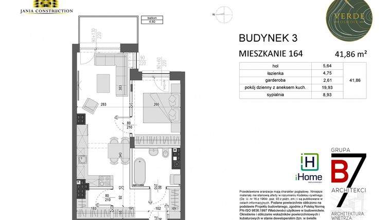 Rzut - Mieszkanie na sprzedaż 2 pokoje o powierzchni 41,86 m² - numer 164 w Miasteczko Verde