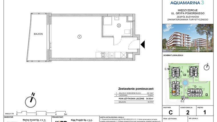 Rzut - Mieszkanie na sprzedaż 1 pokój o powierzchni 34,83 m² - numer C2.08 w Aquamarina 3