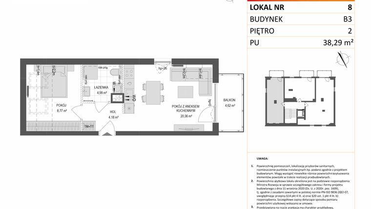 Rzut - Mieszkanie na sprzedaż 2 pokoje o powierzchni 38,29 m² - numer B3.8 w Gdańskie Zacisze
