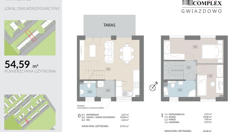 Rzut - Mieszkanie na sprzedaż 3 pokoje o powierzchni 54,59 m² - numer O7.2 w Osiedle Gwiazdowo etap 9