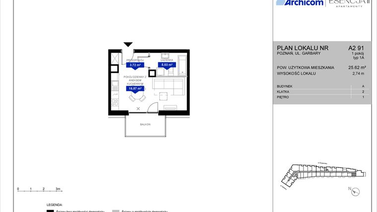 Rzut - Mieszkanie na sprzedaż 1 pokój o powierzchni 25,58 m² - numer A2.91 w Apartamenty Esencja II