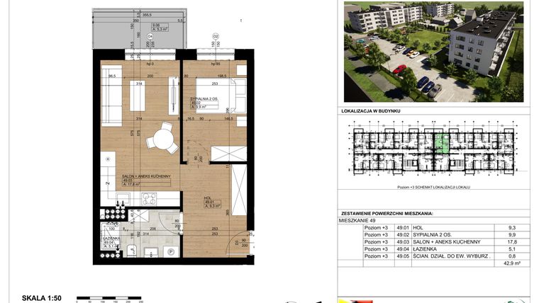 Rzut - Mieszkanie na sprzedaż 2 pokoje o powierzchni 42,3 m² - numer 49 w Osiedle Park Chopina II Etap