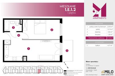 Rzut - Mieszkanie na sprzedaż 2 pokoje o powierzchni 41,49 m² - numer 1.E.1.2 w 2M Apartments etap IV
